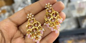 Ladies Pink & White Stone Kundan Earrings
