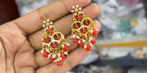 Ladies Red & White Stone Kundan Earrings