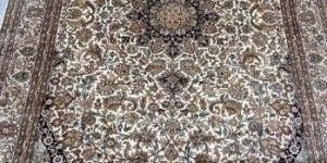 5.5 by 8 Ft. Kashan Cream Handmade Hand Knotted Kashmir Silk Carpet