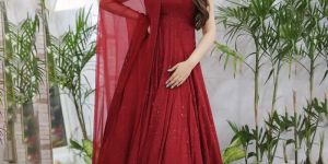 Designer Anarkali Gown In Rayon With Lucknowi Chikankari Embroidery Work