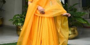 Yellow Designer Anarkali Gown In Cotton