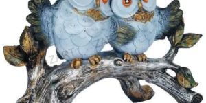 Two Owl Pair Sitting Tree Branch Showpiece