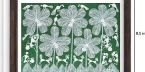 warli painting-birds sitting on coconut tree and deer (green)