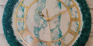 White Marble And Blue Line Resin Wall Clock with Real Stone