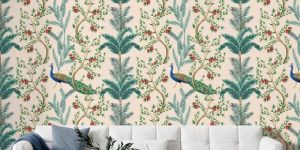Peacocks Floral Oasis Wall Paper