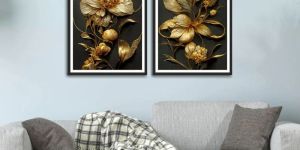 Super Premium Gloden Color Flower Set 2 Wall Frame