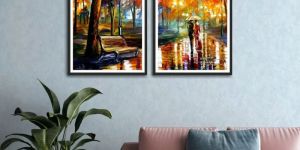 Two People Walking on Road Abstract Set of 2 Wall Frames