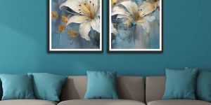 White and Golden Abstract Flower Set of 2 Wall Frames