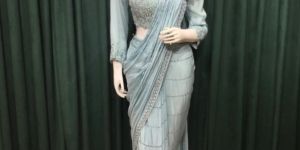 Sea Green Chinon Crape Drape Ladies Saree