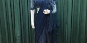 Teal Blue Tissue Organza Drape Ladies Saree