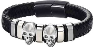 Two Skull Head Mens Leather Wristband