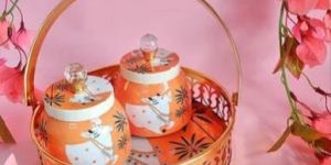 Orange Material: Metal Pichwai Printed Gift Hamper Basket with Jar