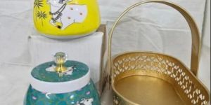 Pichwai Container Jar Box Meenakari Design Return Gift Set with Metal Oval Basket