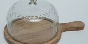 Round Glass Cake Cover With Wooden Base