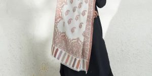 White-woollen Kani Weave Stole With Intricate Kani Jaal Embroidery