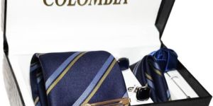 Navy Blue White and Yellow Stripe Necktie Set