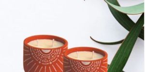 Satyaki Terracotta Handpainted Sunshine Design Candle Set of 2