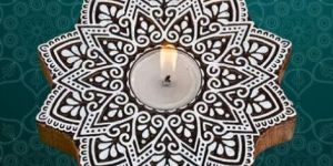 Wooden Floral Mandala T-Light Candle Holder Set of 2