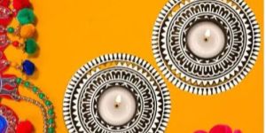 Wooden T-Light Candle Holder Round Mandala Set of 2