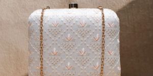 White Threadwork Embroidery Party Women Clutch Bag