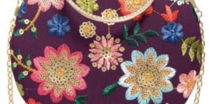 Wine Floral Embroidery Round Women Clutch Bag