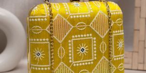 Yellow And White Thread Embroidery Clutch Bag for Women
