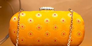Yellow Brocade Fabric Party Clutch Bag for Women