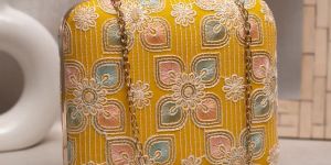 Yellow Floral Thread Embroidery Clutch Bag for Women