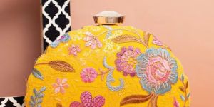 Yellow Floral Threadwork Party Women Clutch Bag