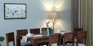 Wood 8 Seater Dining Set in Provincial Teak Finish with Grey Cushion