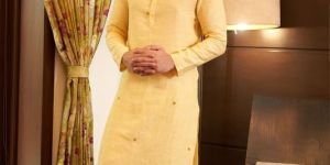 Yellow Linen Mens Kurta Set With Gold Embroidery