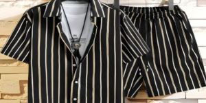 Black Printed Men's Shirt And Shorts Set Short Sleeve