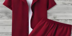 Maroon Color Men's Shirt And Shorts Set Short Sleeve