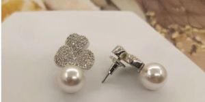 Small Ladies Stud Earrings with Leafy CZ Petals and Round Pearl