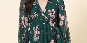 Green Polyester Printed Short Dress For Women & Girls