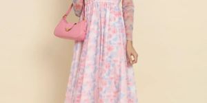 Pink Polyester Printed Net Fit & Flare Dress For Women & Girls
