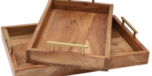S/2 WOODEN SERVING TRAY WITH METAL HANDLE