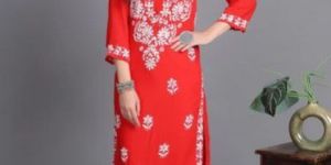Gala Bata Red Rayon Chikankari Kurti