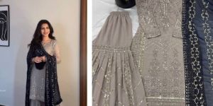 Ladies Grey Georgette Designer Party Wear Palazzo And Suit Set