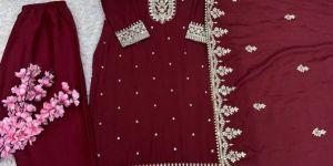Ladies Red Faux Georgette With Heavy Embroidery Kurti And Pant Set