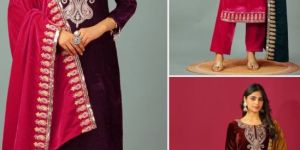 Ladies Viscose Velvet With Heavy Embroidery Sequence Work Suit Set