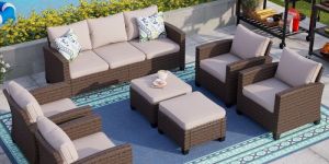 omcco 7-piece hdpe rattan wicker l-shape dining conversation sectional