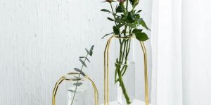 Glass Vases in Gold Metal Frames with Pink Roses,
