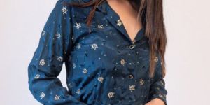 Embroidered Sequin Blue Viscose Shirts