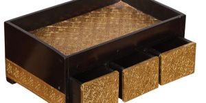 WOODEN METAL BRASS TRAY WITH DRAWER STORAGE