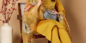 Yellow Color Roman Silk Kurti with Pant & Dupatta Set For Women