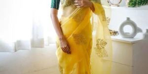 Yellow Organza Sequence Party Wear Women Saree