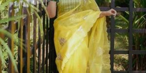 Yellow Organza Silk Sequins Embroidery Women Saree