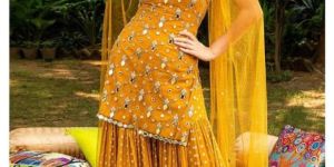 Yellow semi-stitched Sharara Sleeveless Suit For Women