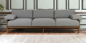 TEAK SOFA WITH GREY LINEN FABRIC